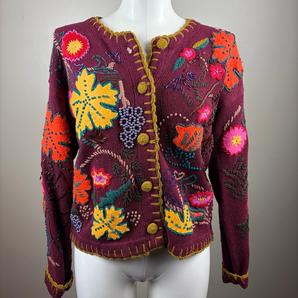 Designers Originals Burgundy vintage maximalist boho Floral Embroidered Cardigan